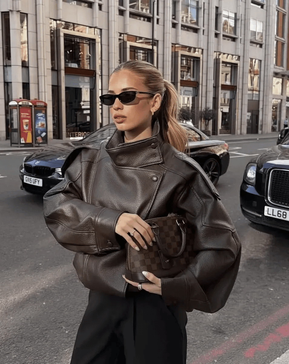 Campera Cuero Eco Mujer Oversize Cuello Alto Importada Viral